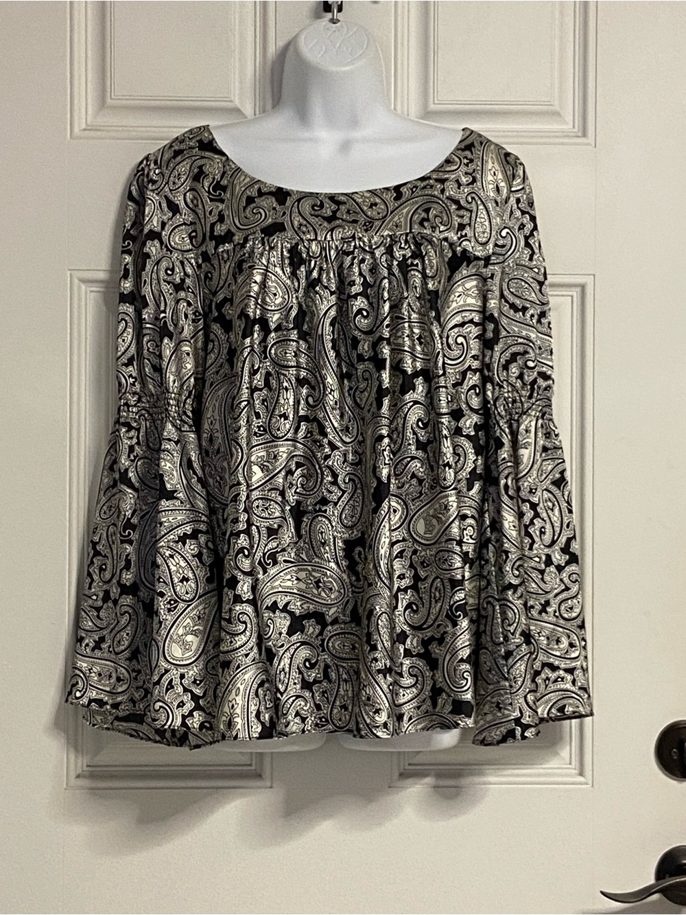 T43a- SPENSE Metallic BOHO GOTH Halloween Paisey Trumpet Sleeve Blouse